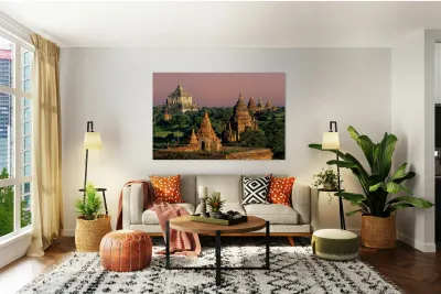 Temples in Bagan during sunset with ancient architecture visible Reproduction