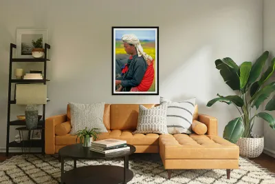 Woman carries son on her back in Myanmar fields Reproduction