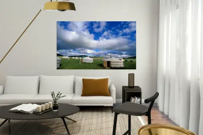 Mongolic nomadic tents in a grassland in Mongolia Reproduction