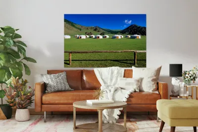 Ger tents in the grassy fields of Mongolia under clear skies Reproduction