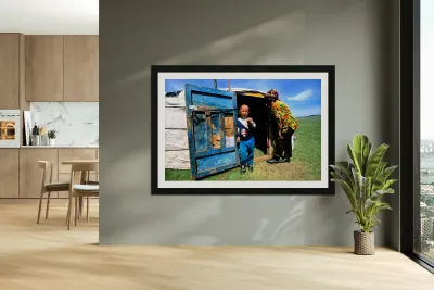 Ger tent in Mongolia with child and elder outside Reproduction