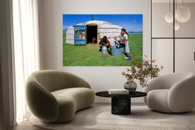 Mongolian ger in the countryside with people and daily activitie Reproduction