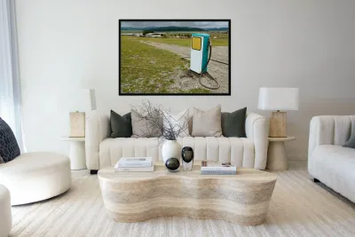 Old style soviet gas station in Mongolia near open fields Reproduction