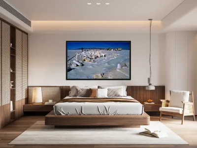 Explorers on a salt flat with salt blocks and water. Reproduction