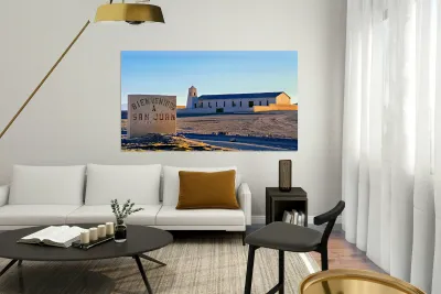 San Juan welcome sign and desert church building. Reproduction