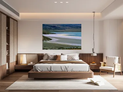 Scenic desert lake with white shore and rocky mountains. Reproduction