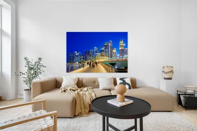 City skyline and people walking at sunset near Marina Bay Reproduction