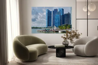 People are walking near a bridge in Singapores financial distri Reproduction