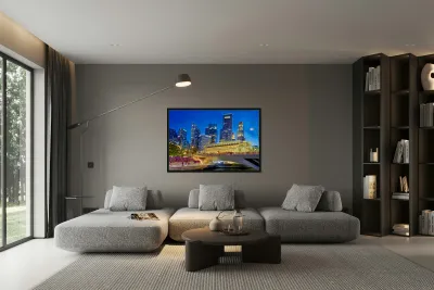 People walk by the waterfront in Marina Bay during sunset in Sin Reproduction