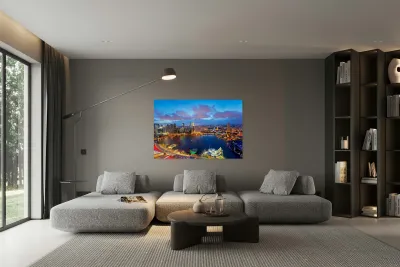 City lights shine over Marina Bay in Singapore at sunset Reproduction