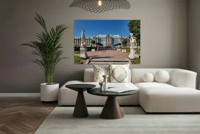 Catherine Palace in Saint Petersburg with visitors and statues Reproduction