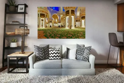 Visitors explore Sheikh Zayed Grand Mosque during evening hours Reproduction