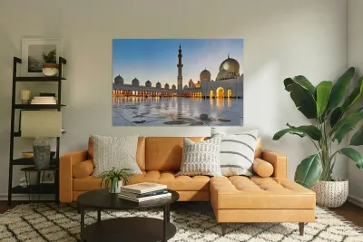 Exploring Sheikh Zayed Grand Mosque in Abu Dhabi at dusk Reproduction