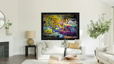 BLUE HERON IN A FANCIFUL GARDEN Reproduction