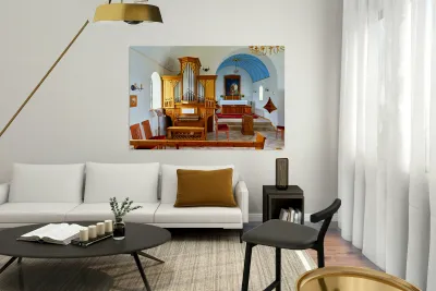 Wooden church interior with organ in Vik i Myrdal Iceland Reproduction