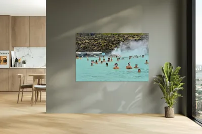 Visitors enjoy Grindaviks blue lagoon spa by day Reproduction