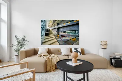 Exploring the interior of Harpa Opera House in Reykjavik Iceland Reproduction