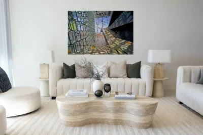 Exploring Harpa Opera House in Reykjavik Iceland on a sunny day Reproduction