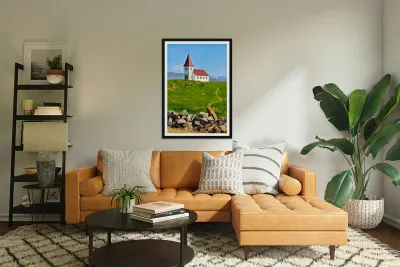 Visit to Hellnar Church in Iceland on a sunny day Reproduction