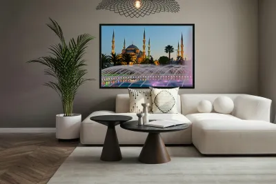 Visit to Blue Mosque and fountain at twilight in Istanbul Reproduction