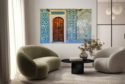 Exploring the tiled walls and wooden door at Topkapi Palace Reproduction