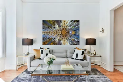 Visitors admire the Sagrada Famílias interior Reproduction