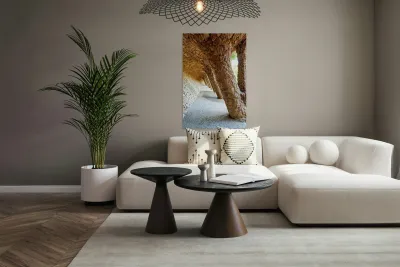 Walking through the colonnaded pathway in Park Guell Barcelona Reproduction