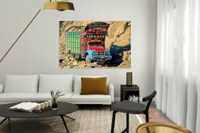 Trucks travel toward Shandur Pass in Pakistans rugged terrain Reproduction