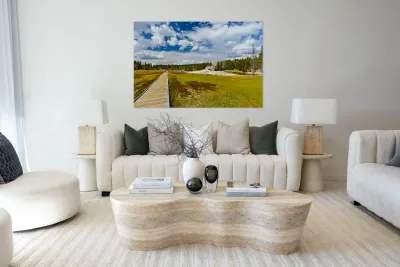Visitors stroll the Upper Geyser Basin boardwalk Reproduction