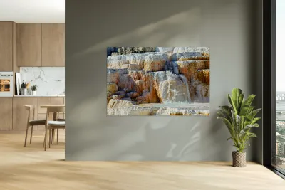 Water flowing over the terraces at Devils Thumb in Yellowstone Reproduction