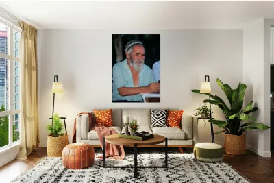 Elderly man smiles while sitting outdoors in Bukhara Uzbekistan Reproduction