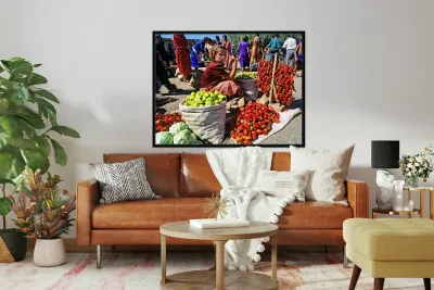 Market scene in Khiva with local produce and vendors Reproduction