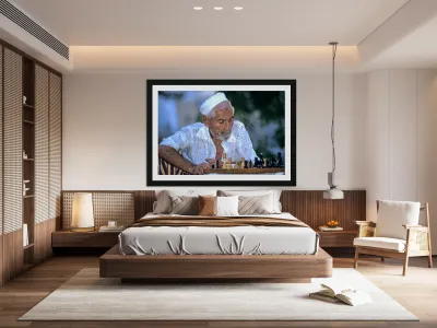 Elderly man plays chess in Bukhara Uzbekistan Reproduction