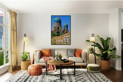 Cemetery in Samarkand with blue domes and historical buildings Reproduction