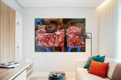 Fresh meat sold in Hanoi market during daytime Reproduction