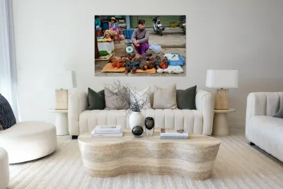 Women selling chickens at market in Phu Quoc Vietnam Reproduction