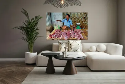 Local butcher selling meat in Phu Quoc market area Reproduction