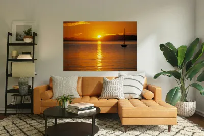 Midnight sun at Longyearbyen in Svalbard with a boat on the water Reproduction