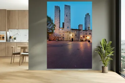Piazza del Duomo in San Gimignano at sunset in Tuscany Italy Reproduction