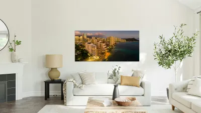Aerial view of Waikiki beach towards Diamond Head at sunset  Reproduction