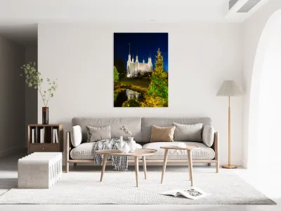 Mormon temple in Washington DC with xmas lights Reproduction