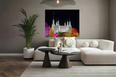 Mormon temple in Washington DC with xmas lights Reproduction