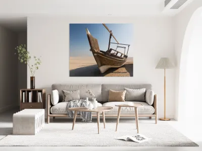 Fishermans boat or dhow on sand Reproduction