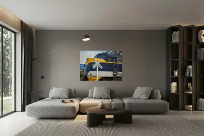 Diesel engine with railroad crossing sign Reproduction