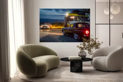 Two vintage cars racing to railroad crossing Reproduction