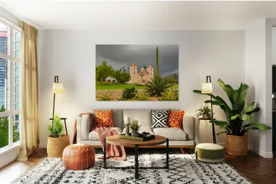 Cloudy stormy day at Santa Barbara Mission Reproduction