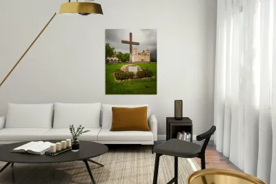 Cloudy stormy day at Santa Barbara Mission Reproduction