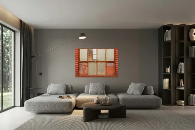 Old rusty window in warehouse painted red and orange Reproduction