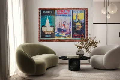 Three antique travel posters on the wall  Reproduction