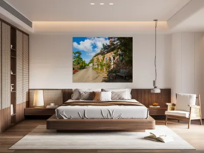 Ancient pub or restaurant on small road Reproduction